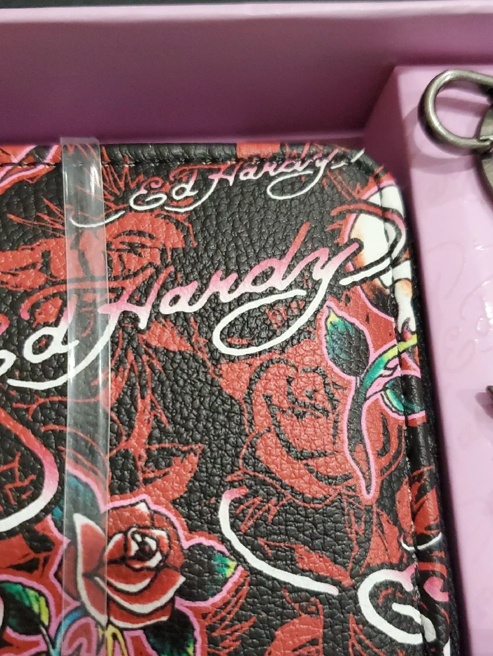 Ed Hardy‎ red black Ed Hardy printed gunmetal rose charm key ring wallet set new